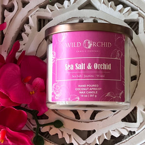 Sea Salt & Orchid Ceramic Candle  | 14  oz | Coconut Apricot Crème  Wax - Wild Orchid Candle Company