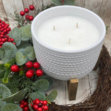 "Holiday"  Ceramic Candle  with Wooden Pedestal  |20 oz | Coco Apricot Creme' Wax - Wild Orchid Candle Company