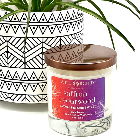 Saffron Cedarwood 9 OZ Coconut Apricot Candle - Wild Orchid Candle Company