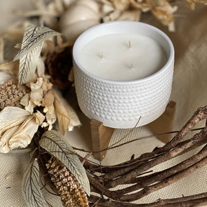 Autumn  Leaves Ceramic Candle Holder with Wooden Pedestal | 20 oz | Coco Apricot Creme' Wax - Wild Orchid Candle Company