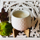 Soy Cactus Flower and Jade Candle with Ceramic  Vessel and Wooden Pedestal | Soy | 11oz - Wild Orchid Candle Company